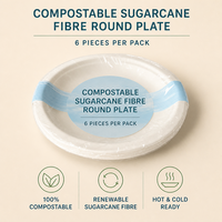 Assiette ronde compostable en fibre de canne à sucre, lot de 6 pièces, emballage de vente au détail thermoscellé POF, assiette jetable pour la vente au détail en supermarché
