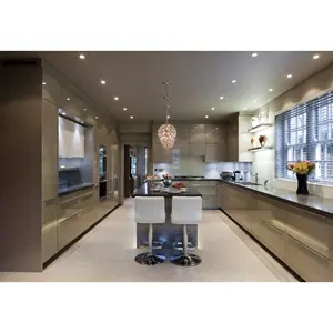 2023 Skyline High end High gloss Stainless steel Kitchen cabinet with L sharp and Island and Automatic lifting wall cabinet
