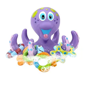 Pulpo púrpura flotante de dibujos animados divertidos ecológicos con 5 anillos de aro juguete de baño interactivo para bebés para regalo de chico