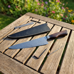 Cuchillo de Chef de Acero de Damasco 8-9.9 con Mango G10 y Funda de Cuero, Ambidiestro, Forjado, Acabado de Alto Brillo, Moderno, Apto para Lavavajillas - Product Image 6