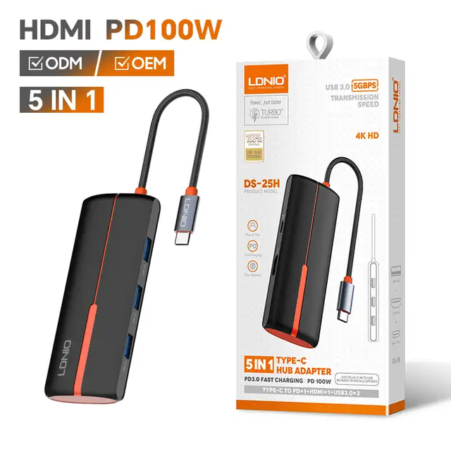 LDNIO DS-25H HUB Docking Station 5in1 USB C 4K HD 100W PD 5Gbps USB3.0 for Laptop Office Factory Direct Supply CE ROHS Certified