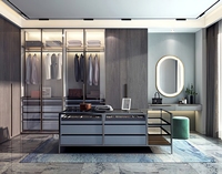 Dressing encastré sur mesure minimaliste avec îlot intégré, solution de rangement italienne gris foncé pour chambre à coucher, pour la maison et les projets