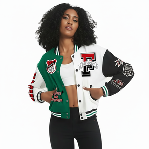 Veste universitaire courte personnalisée pour femme, col montant, blocs de couleur, logo, boutonnée, uniforme d'hiver - Product Image 1