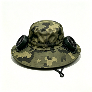 Unisex Camo Wide Brim Bucket <b>Hat</b> Dual <b>Cooling</b> Fans UPF50+ UV Protection Outdoor Fishing Hiking Windproof Chin Strap <b>Hat</b> - Product Image 5