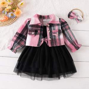 ชุดเซ็ตสองชิ้น เสื้อแจ็คเก็ตผ้าฝ้ายแขนพองลายตารางสำหรับเด็ก ฤดูใบไม้ผลิ/ฤดูใบไม้ร่วง พร้อมสายคล้องคอ ชุดเดรสแต่งงานลายผีเสื้อ พร้อมที่คาดผม - Product Image 2