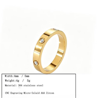 Bague en acier inoxydable 304 avec strass, gravée CNC, dorée, 4mm 5mm, en gros, en stock, bijoux de mode