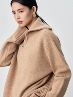 Pull en cachemire 100 % pour femme, col à revers demi-zippé, coupe oversize à épaules tombantes, poignets fendus, style décontracté, automne-hiver