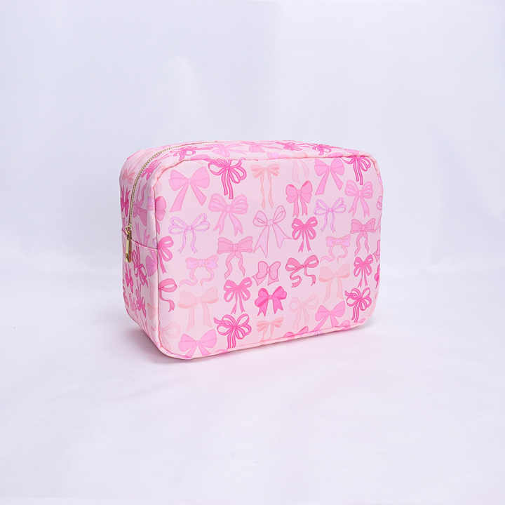 Wholesale Pink Cherry Bow Print Nylon Makeup Bag for Women Travel Portable Zipper Cosmetic Pouch ...