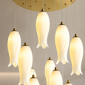 Lustre long en céramique personnalisé à plusieurs têtes pour villa, duplex, plafond haut, escalier, hall d'entrée - Product Image 3