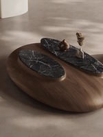Set Meja Kopi Kayu Walnut Oval Batu Kerikil Tahan Lama Warna Kustom Ruang Tamu Mewah Desain Minimalis Modern