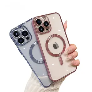 Funda móvil magnética Tpu transparente chapada para Iphone 15 Pro Max con lente de cámara protectora de ojo de águila funda de teléfono magnética