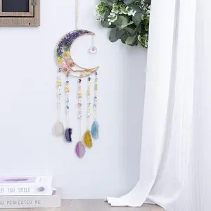 Handmade Gold Colour Moon Tree Of Life Chakra Gemstone Agate Crystal Dream Catcher Quartz Wall Hanging