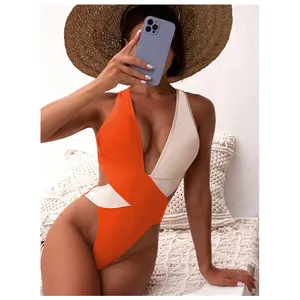 One Piece Swimsuit 2024 Woman Luxury Sexy Deep V Neck Swimwear Orange and White Patchwork Badpak Mide Waist Outfits 6 Colors