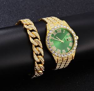 Conjunto de reloj de lujo para hombre, pulsera y <span class=keywords><strong>cadena</strong></span> cubana de Hip Hop hecha a mano, en oro o plata, 2 estilos - Product Image 1