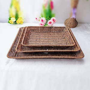Rectangular <b>Plastic</b> Rattan Basket Stackable Storage Tray For Fruit Bread Snack Display - Product Image 1