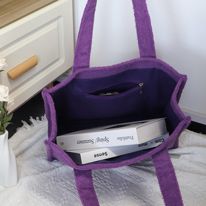 Logo personalizzato di colore donna grande <span class=keywords><strong>viola</strong></span> con cerniera spugna Tote <span class=keywords><strong>borsa</strong></span> da spiaggia a <span class=keywords><strong>tracolla</strong></span> con tasca anteriore - Product Image 2