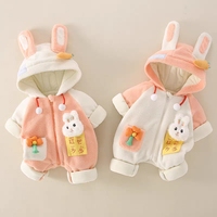 Romper Bayi Berkerudung Musim Dingin, Telinga Kelinci 3D, Patch Boneka Kelinci, Saku Bunga, Jumpsuit Salju Bayi Berlapis Ritsleting