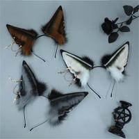 E0012 Bandeau gothique en fausse fourrure avec oreilles de loup, oreilles d'animaux en peluche style punk avec chaîne croisée et rivets, accessoire de cheveux pour cosplay et mode alternative