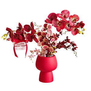 Bouquet d'orchidées Phalaenopsis artificielles, vase rouge, décoration du Nouvel An chinois, arrangement de fleurs en soie pour le salon - Product Image 5