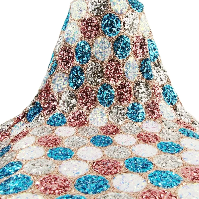 Tela de encaje transparente nigeriano, tela de lentejuelas bordada elástica de círculo brillante 2019 para vestido de boda