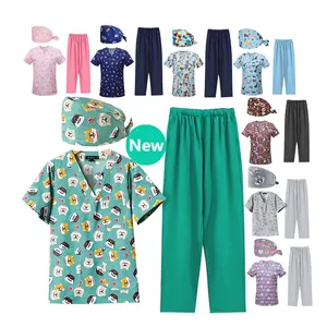 Fashionable Hospital Polyester Rayon Spandex Scrubs Uniform Suits Beauty Salon Sets Medical Printed Nurse Cap Top Pants Care Set