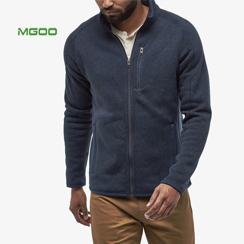 MGOO 100% recycled polyester full-zip knit jacket fleece cardigan plain sweater for men