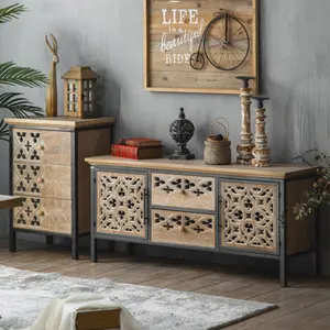 Minhui Antique Finishing Home Furniture Hollow Out Carving Cabinet 2 Doors 2 Drawers Living Room Storage Table Cabinets