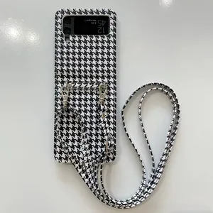 Shoulder Rope Phone Case For Samsung Galaxy Z Flip 3 4 pu Leather Cover Fold4 Filp4 Stripe Plaid Shell Crossbody Lanyard