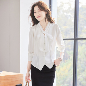 Women's White Blouse With Bow Tie Long Sleeve Solid Color Office Shirt Poplin Fabric Q9952 - Product Image 1