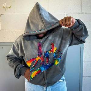 Spray Monkey Washed Custom Boxy Oversized Zipper Pullover Sudaderas con capucha Gradientes de colores DTG Big Rhinestones Rivet Hoodie - Product Image 1