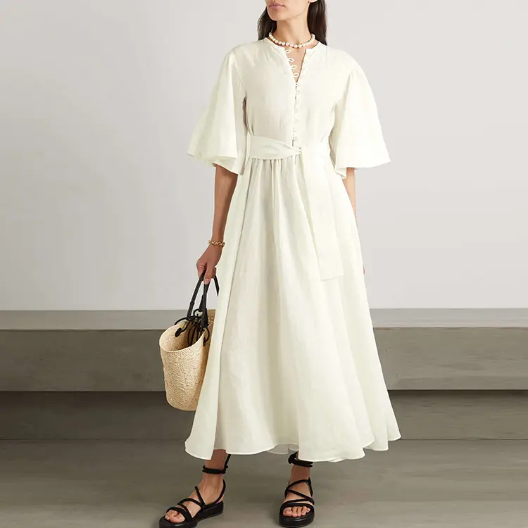 2022 Women Clothing Luxury Casual Dress Long Cotton Long Elegant White Flare Sleeves Covered Buttons Closure Linen Dress Women
