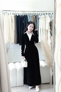 Vestido Largo Negro con Cuello Camisero Blanco, Vestido Elegante de Manga Larga con Cuello Camisero Vietnamita, Vestido de Fiesta de Poliéster Tejido, OEM - Product Image 6