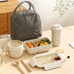 Ensemble <span class=keywords><strong>de</strong></span> boîte à lunch bento 3 en 1 écologique pour enfants, adultes <span class=keywords><strong>et</strong></span> femmes en paille <span class=keywords><strong>de</strong></span> blé avec bol à soupe/bouteille d'eau <span class=keywords><strong>et</strong></span> sac à lunch pour l'école - Product Image 1