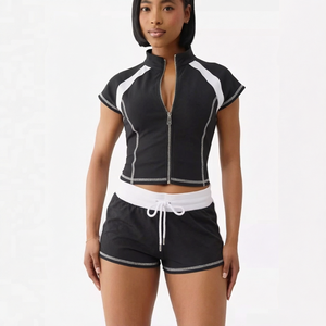 <b>Women</b> <b>2</b> <b>Piece</b> Skinny Shorts Set Color Block Stand Collar Zip up Crop Casual Sports Summer <b>Outfit</b> - Product Image 1