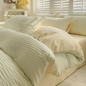 Seersucker Two-Tone Washed Cotton <b>Bedding</b> <b>Set</b> 4 Pcs Breathable <b>Stripes</b> Pattern Home Use - Product Image 1