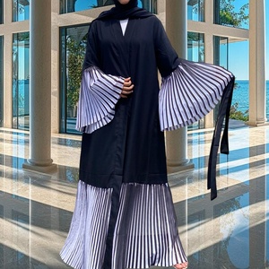 Abaya Modeste en Tissu Nida avec Empiècements en Chiffon Rayé, Manches Amples, Cardigan Musulman Islamique Printemps-Été 1889 # - Product Image 4