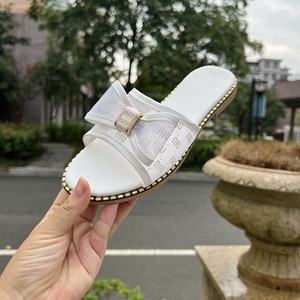 Summer Women Flat Slide Slippers Mesh Letter Print <b>Bow</b> Decor Metal Edge Trim Daily Outdoor Casual Walking Footwear - Product Image 4