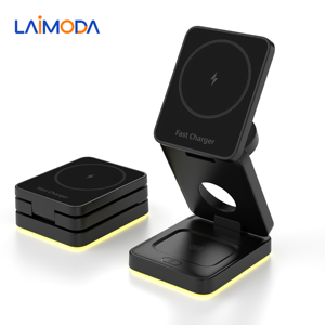 LAIMODA-Estación de carga magnética inalámbrica 3 en 1, soporte plegable de 15W, cargador portátil con cargadores LED para carga rápida de teléfono - Product Image 1