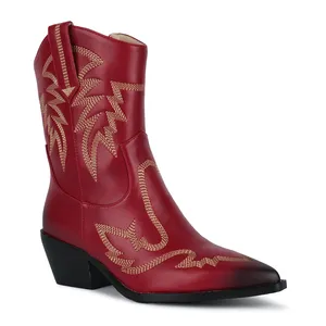 WETKISS Vente en gros d'usine pas cher Chaussures pour femmes Bottes de cow-boy rouges à talons épais Bottes vintage brodées à la cheville Chaussures pour femmes