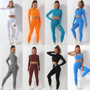 Vêtements <span class=keywords><strong>de</strong></span> Fitness avec fermeture éclair, ensemble <span class=keywords><strong>de</strong></span> Yoga côtelé sans couture pour femmes, 4 pièces - Product Image 3