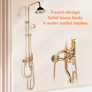 Ensemble <span class=keywords><strong>de</strong></span> <span class=keywords><strong>douche</strong></span> mural réglable en laiton doré, style français, luxe léger, mitigeur chaud/froid, effet pluie rétro, avec <span class=keywords><strong>barre</strong></span> coulissante, garantie 3 ans - Product Image 1