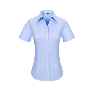 Camicia a maniche corte da <span class=keywords><strong>donna</strong></span> in tessuto di cotone con scollo a V camicia da ufficio formale a righe blu uniforme da ufficio per <span class=keywords><strong>donna</strong></span> - Product Image 6
