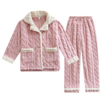 Pyjama cardigan thermique en flanelle épaisse pour femme, automne/hiver, manches longues, en coton, laine et polaire corail, avec revers