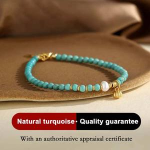 LONGFENG S925 Bracelet chaîne à maillons en argent plaqué or 18 carats perles de turquoise naturelle perles géométriques mignonnes pour femmes - Product Image 4