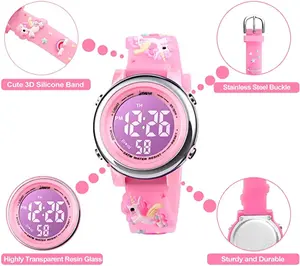 7 Colors Lights Kids Cartoon Digital Watches Unicorn Pattern 3atm Water Resistant Children Watch For Girls Boys