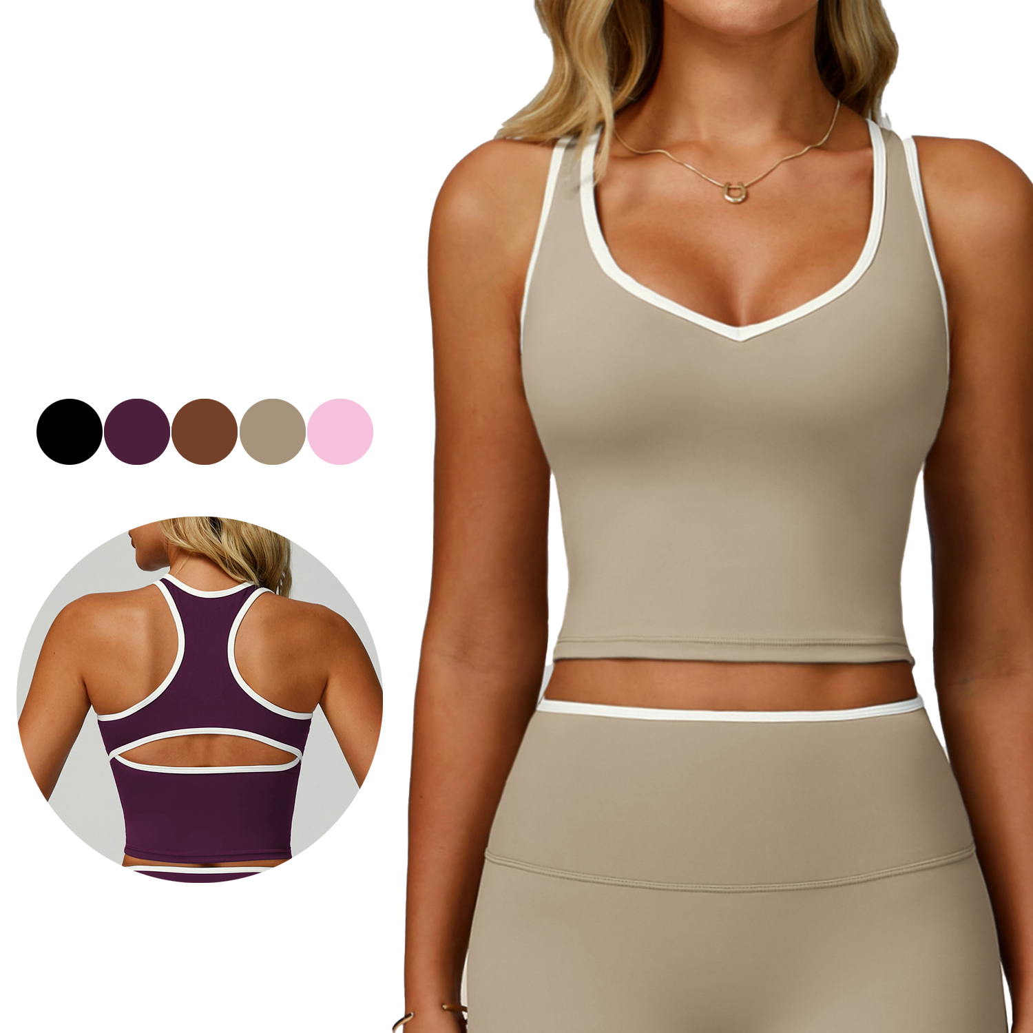 Women Summer Sports Fitness Vest Breathable High-Strength Yoga Top Racerback Tank Top Shockproof V-Neck Hollow-Back Fitness Bra