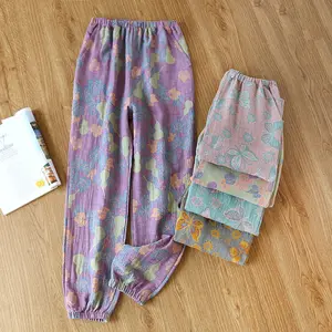 2023 New Spring Autumn Women's Pajamas 100% Cotton Crepe Pants Ladies Double Sided Yarn dyed Beachwear Loose Home Pants