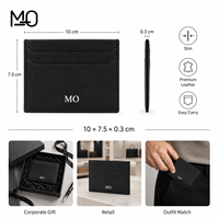 Porte-cartes en cuir noir minimaliste avec texture Saffiano, design géométrique à fentes et emplacements horizontaux pour cartes OEM
