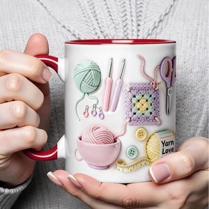 Ceramic <b>Mug</b> With <b>Knitting</b> Design 11Oz Coated Cup For Craft Lovers - Product Image 1