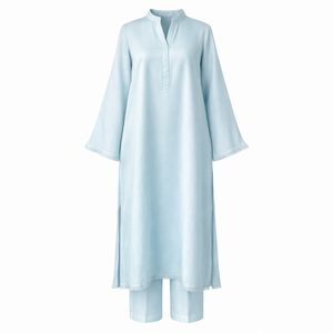 Set <span class=keywords><strong>Due</strong></span> Pezzi Personalizzato da Donna in Misto Lino e Cotone con Scollo a V, Tunica Lunga con Spacco Laterale e Pantaloni a Gamba Dritta con Finiture in Pizzo - Product Image 1